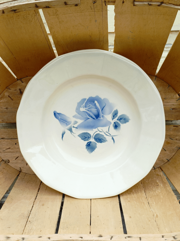 ASSIETTE CREUSE DIGOIN MOTIF ROSE BLEU BORDURE EXAGONALE